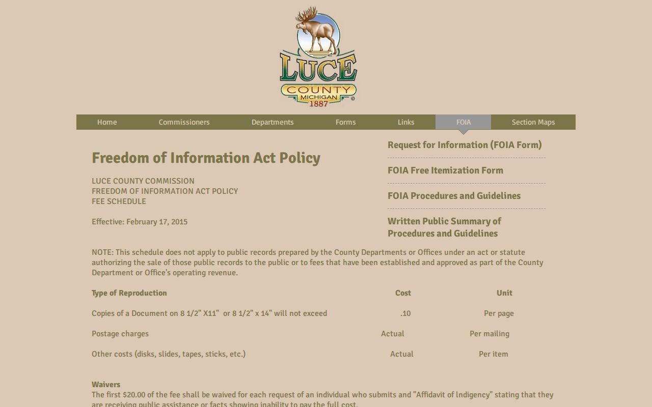 Luce County municipal warrant records: county FOIA request page and fee summary