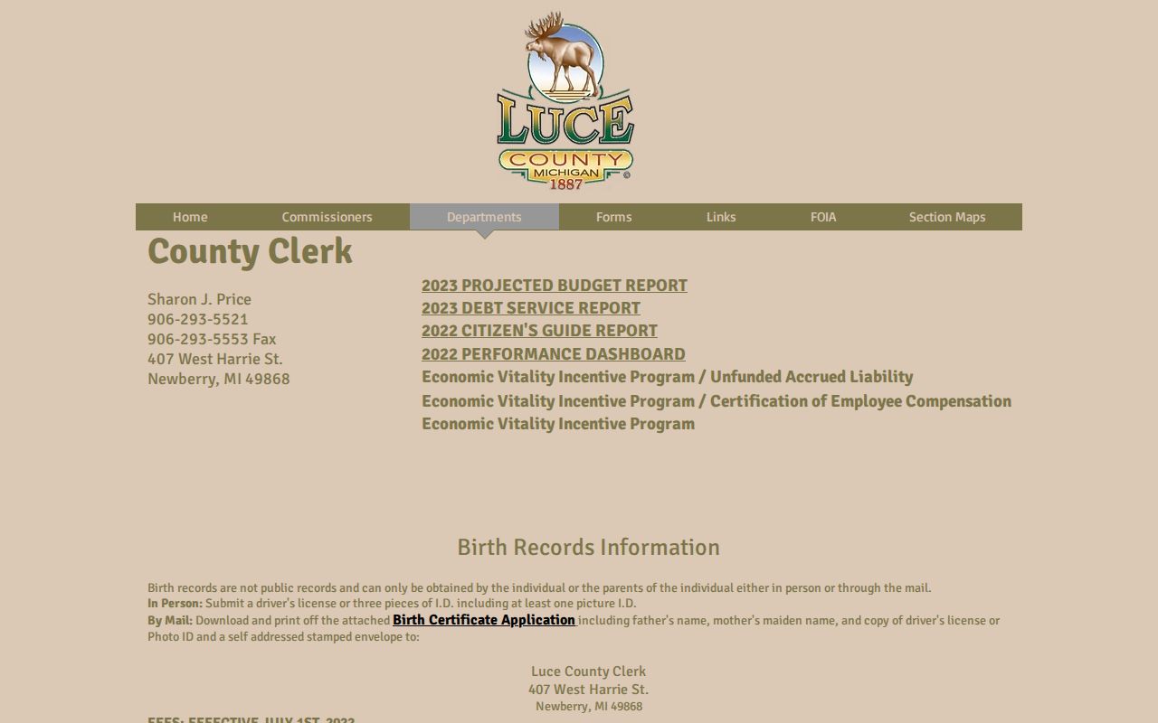 Luce County arrest warrant records: county clerk page with contact and court fee table