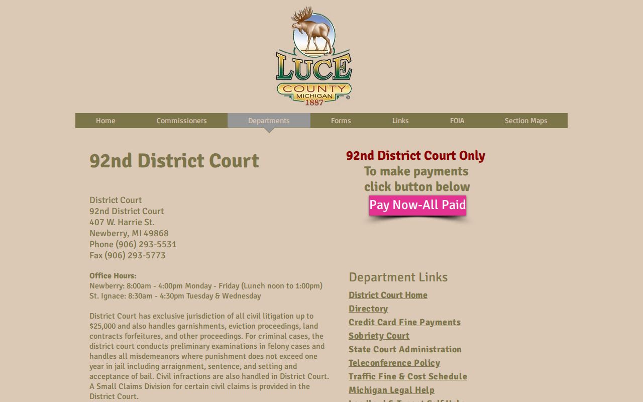 Luce County warrant records: official 92nd District Court page for Newberry
